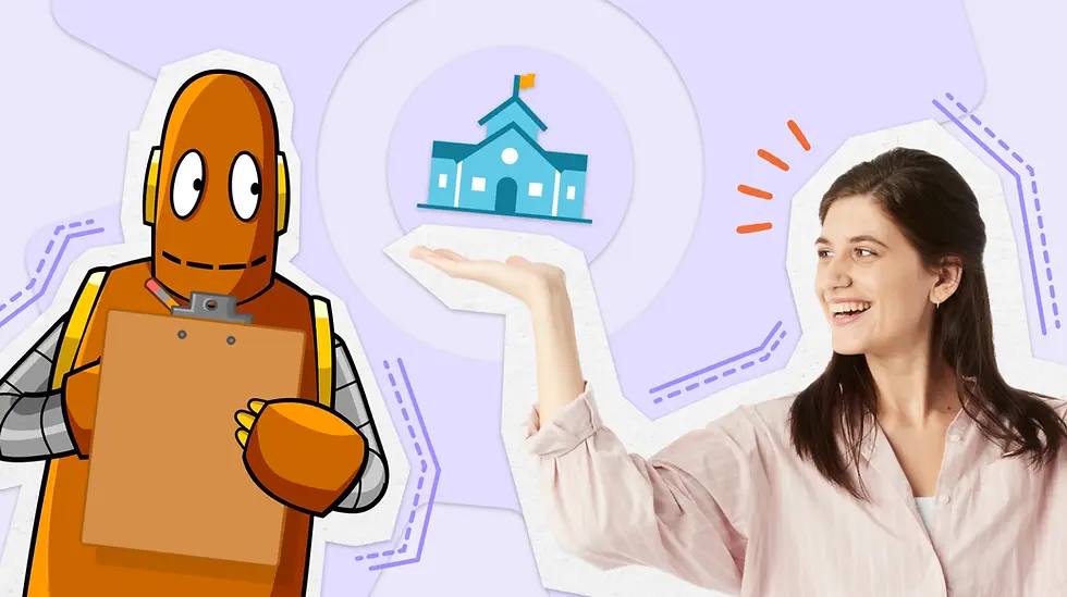 Moby the robot with clipboard and smiling female teacher in pink shirt gesture towards school icon. Purple background with dotted lines.