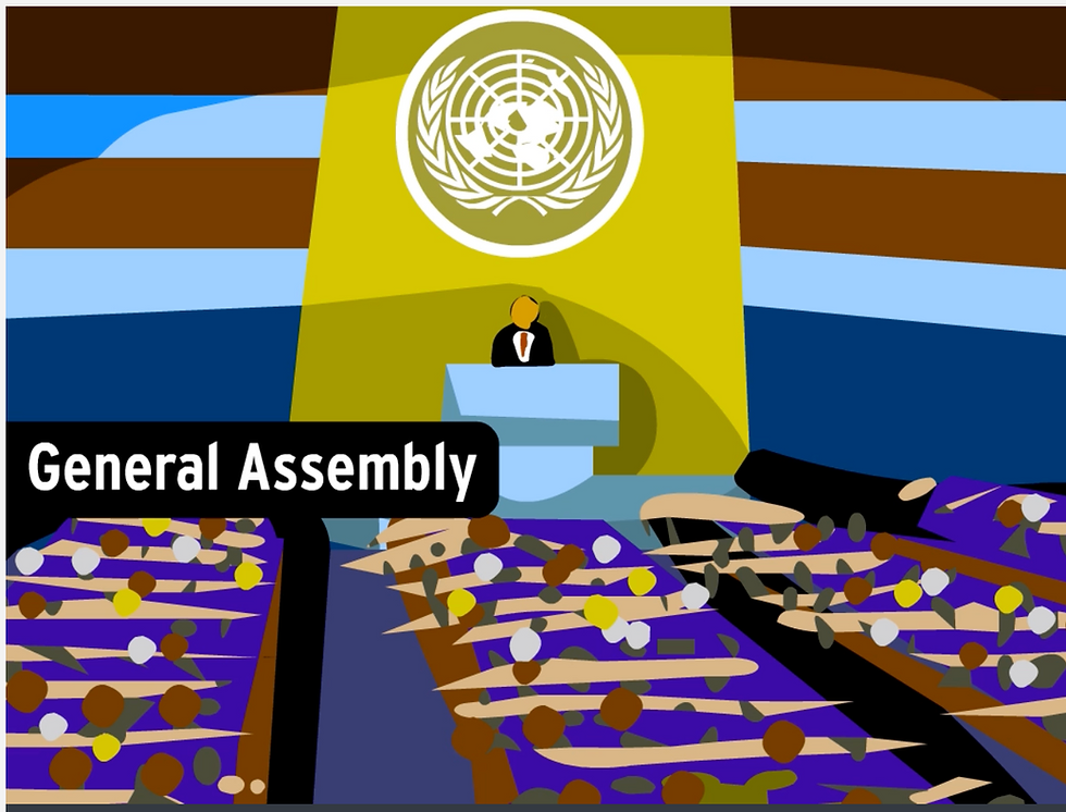 From BrainPOP's movie on the United Nations. A person speaks at a podium in the UN General Assembly. The hall is filled with delegates. The UN emblem is displayed in the background.
