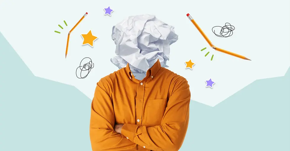 Person in orange shirt with crumpled paper head, surrounded by broken pencils, stars, and scribbles. Calm pastel background.