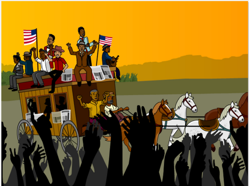 From BrainPOP's movie on Juneteenth. People on a stagecoach wave American flags and cheer. Hands reach up from a crowd. Horses pull the coach through a golden landscape.