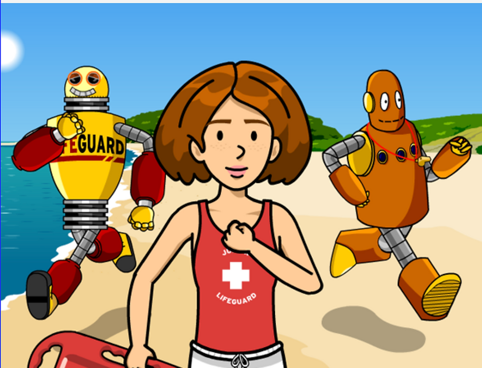 Cartoon of Rita in a red lifeguard shirt and two robots, including Moby, running on a sunny beach. The yellow robot wears a lifeguard shirt. From the BrainPOP Water Safety movie.
