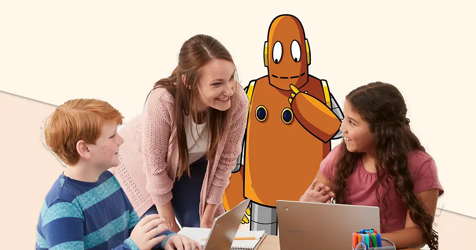 Woman and two kids smiling, working on laptops with Moby the orange robot in the background. Bright, collaborative classroom setting.