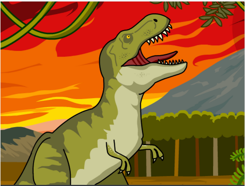 From BrainPOP movie on Dinosaurs. A green dinosaur with open mouth roars in a prehistoric forest. Red and orange sunset sky and mountains in the background.