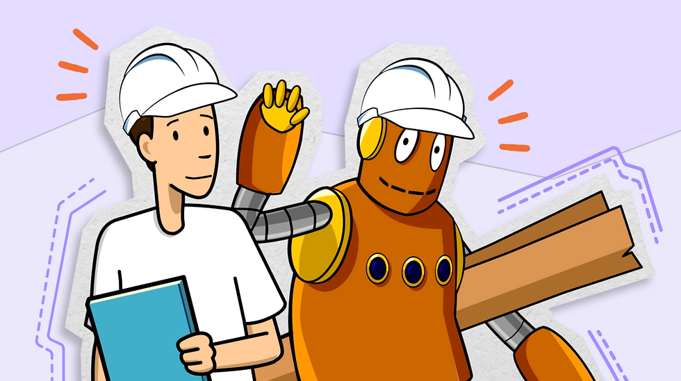 Tim and Moby with hard hats and construction tools