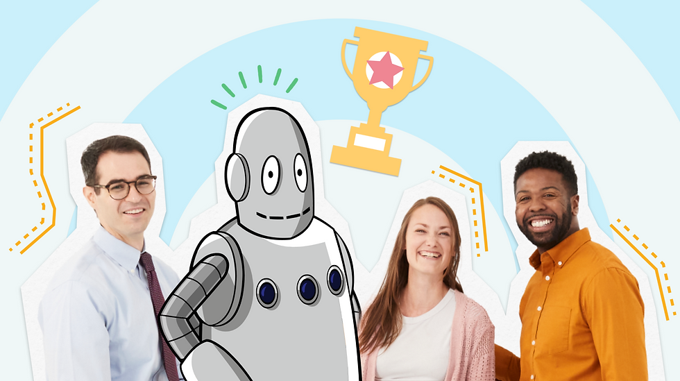 Smiling man, woman, and robot in front of a trophy. The background is light blue with curved shapes and dotted lines. Mood is cheerful.