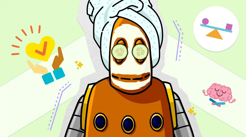 Moby the orange robot in a towel and cucumbers on eyes, set against a light green background with wellness icons, including a heart and brain. Relaxed mood.