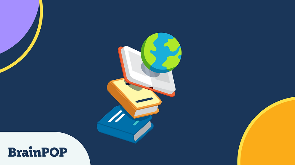 Stack of books with a globe at the top. BrainPOP logo.