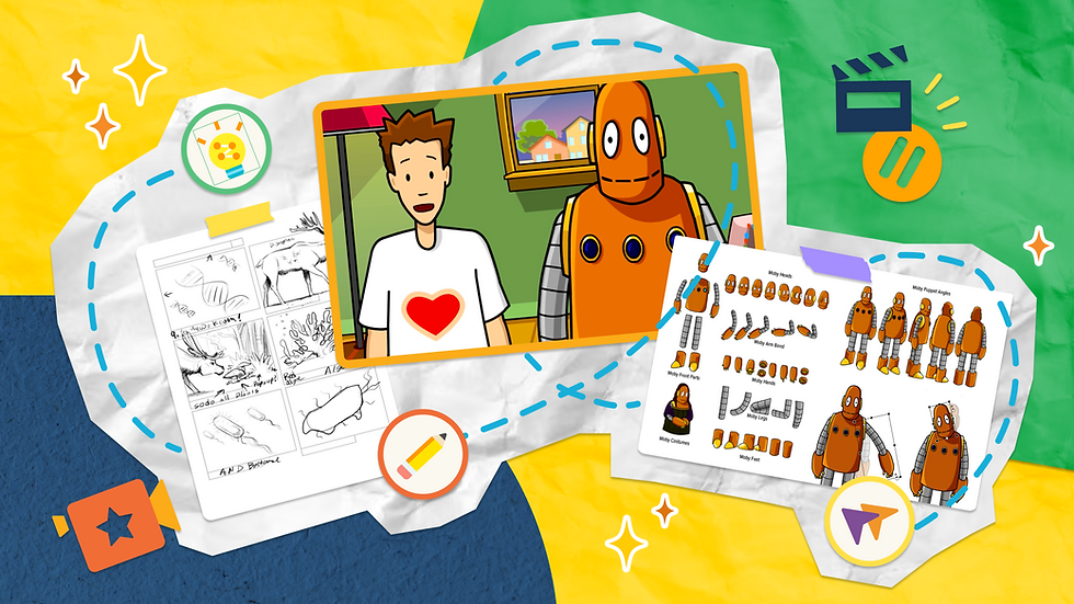 Animated BrainPOP characters Tim and Moby stand in a room. Tim has a heart on his shirt. Storyboards and robot illustrations surround them on a colorful background.