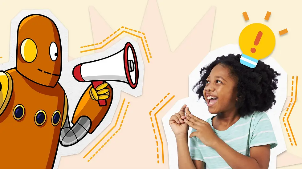 Moby the orange robot with a megaphone faces a smiling child in a striped shirt. A lightbulb icon above the child's head suggests an idea.