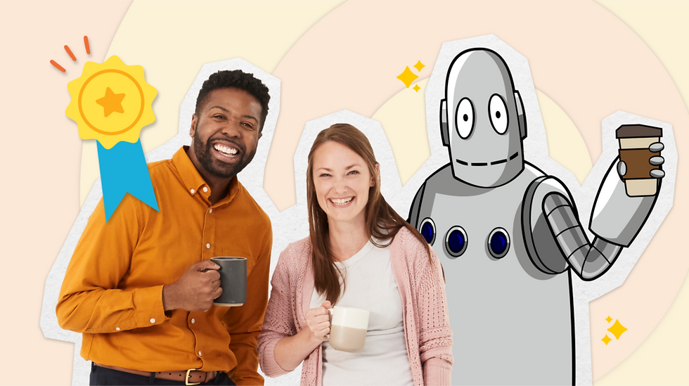 Two teachers smiling with coffee cups next to Silver Moby holding coffee