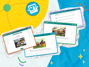Four colorful digital screens display educational content on Patriots and Loyalists, using BrainPOP's new beta feature, Storyboards. Bright blue and yellow background with decorative stars.