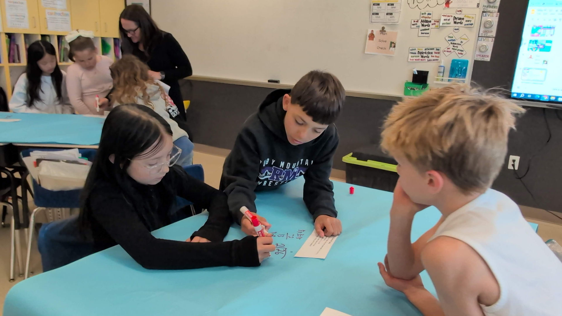 Students sit in groups in a classroom. The grouped desks are covered in construction paper and students outline what they learned on the paper after watching a BrainPOP movie. 