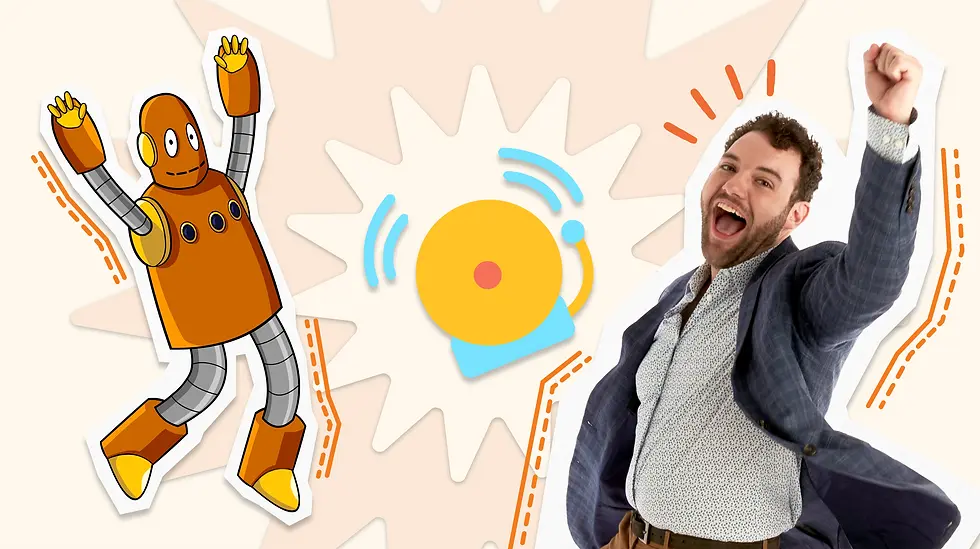 Moby the orange robot and a cheerful man celebrate with raised arms. Background features a ringing bell icon with colorful accents.