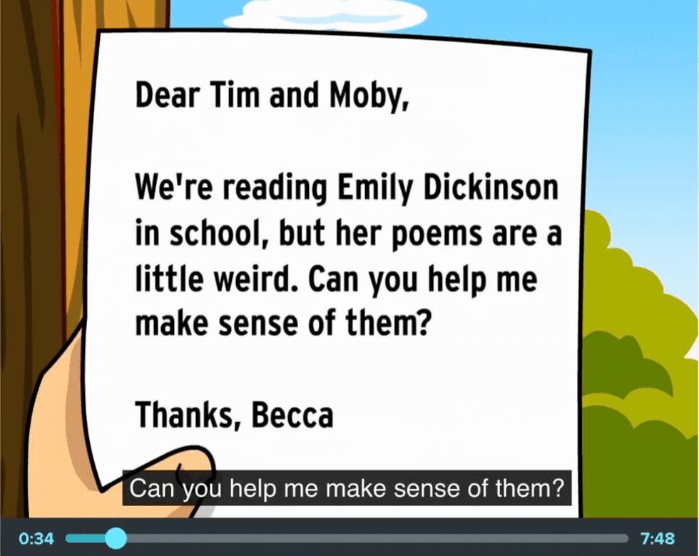 Letter held by hand against a tree and sky. Text reads: "Dear Tim and Moby, Emily Dickinson's poems are weird. Can you help? Thanks, Becca."