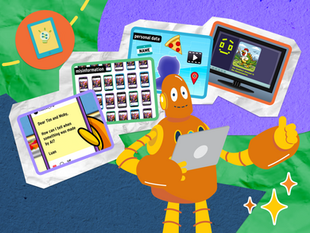 Moby, the orange robot, stands in front of scenes from BrainPOP's AI Literacy Collection. One letter reads "Dear Tim and Moby, How can I tell when something was made by AI?" Other screens show visualizations of misinformation and personal data.