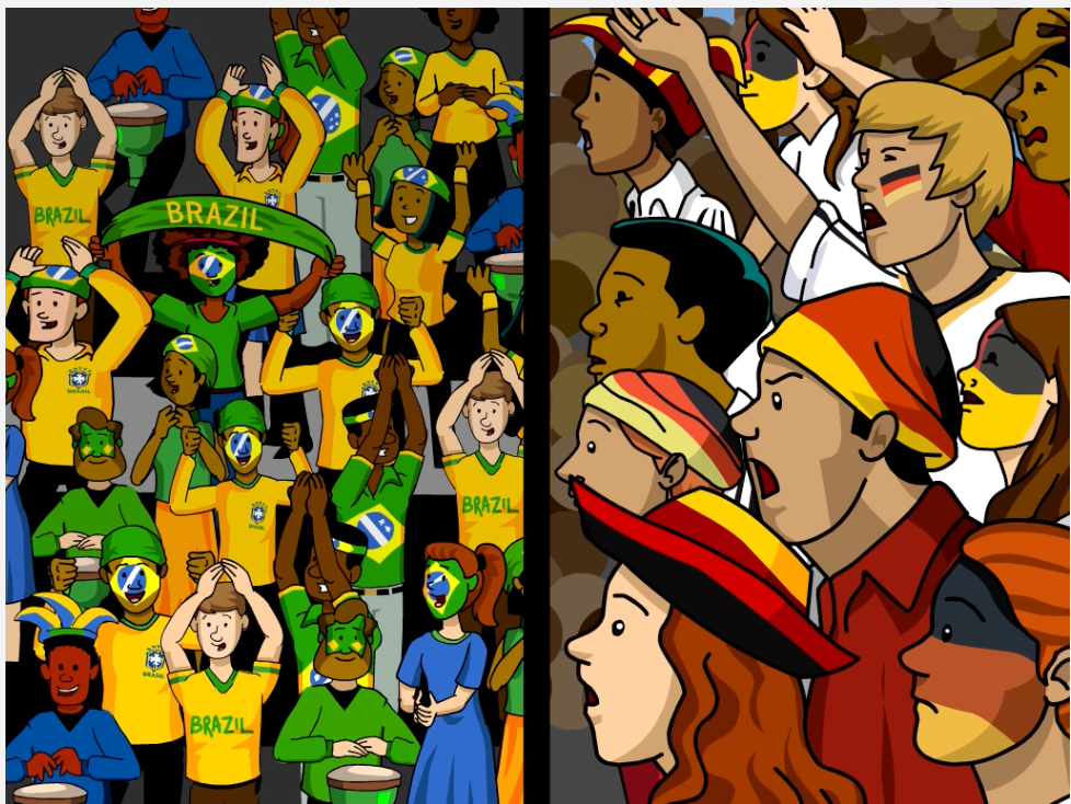 Split crowd of cheering soccer fans in Brazil colors, waving arms; several wear face paint and shirts reading BRAZIL. From BrainPOP's movie on the World Cup.