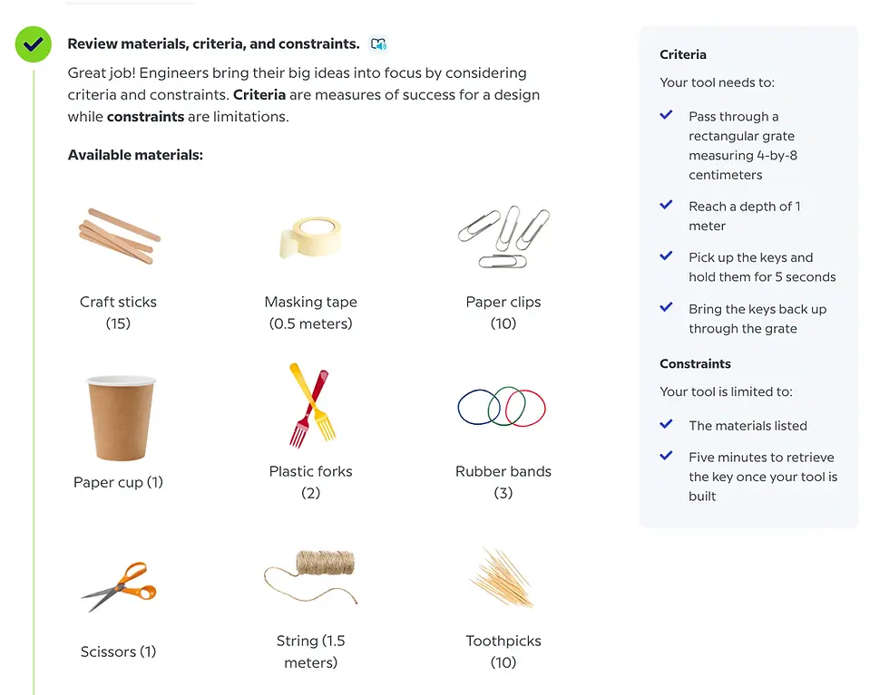 Materials and criteria list for a design task: craft sticks, tape, paper clips, cup, plastic forks, rubber bands, scissors, string, toothpicks.