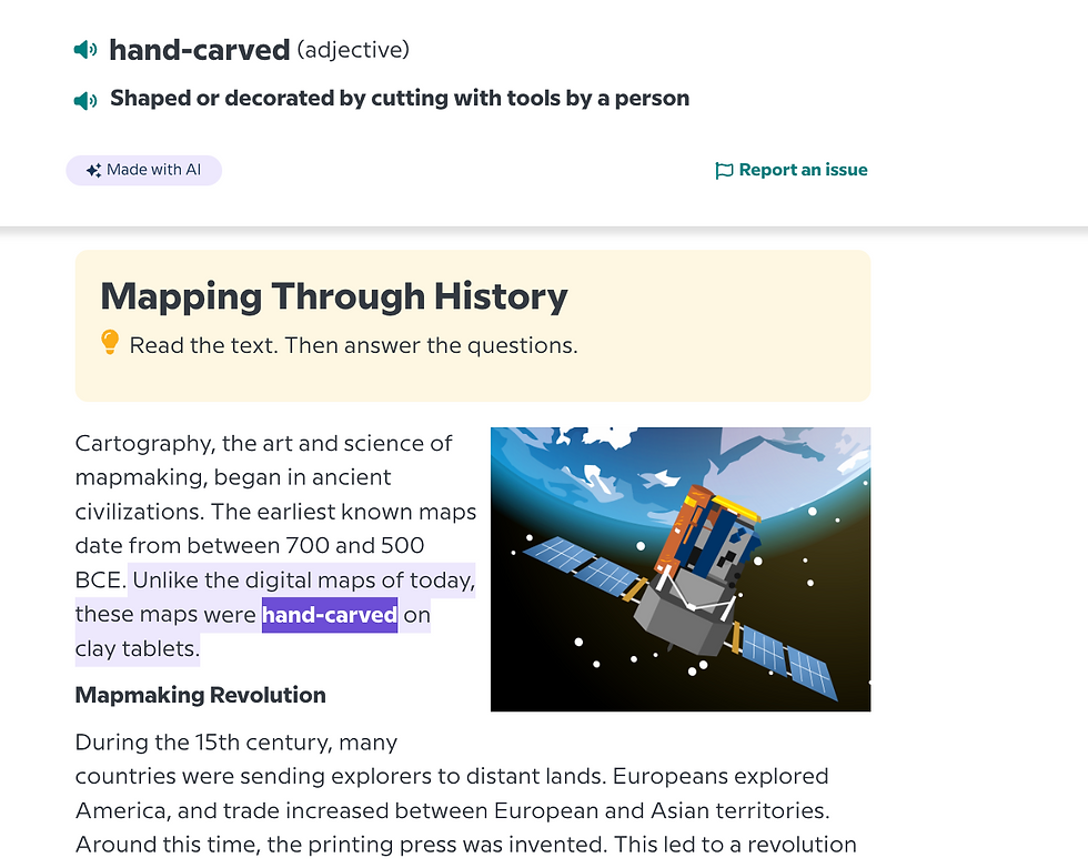 Text about "hand-carved" maps with an illustration of a satellite in space. Header: "Mapping Through History." Includes educational content and the prompt "Read the text. Then answer the questions."