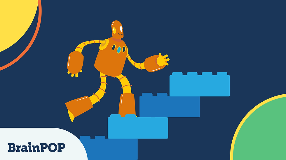 Moby climbing up a staircase made of Legos, representing a universal design for learning framework
