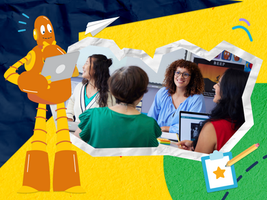 Moby, an orange robot, with laptop beside smiling teacher in a classroom collage; BEEP text visible on a BrainPOP poster.