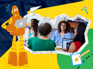 Moby, an orange robot, with laptop beside smiling teacher in a classroom collage; BEEP text visible on a BrainPOP poster.