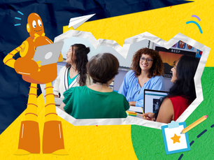 Moby, an orange robot, with laptop beside smiling teacher in a classroom collage; BEEP text visible on a BrainPOP poster. 