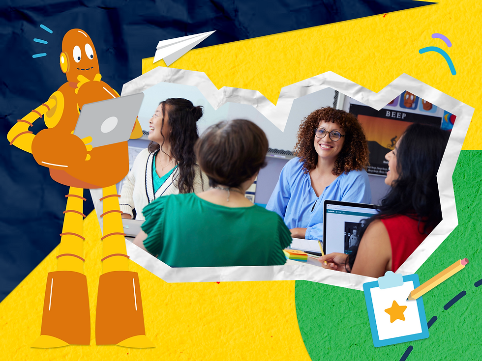 Moby the orange robot with laptop beside smiling women in a classroom meeting collage; BEEP sign visible.