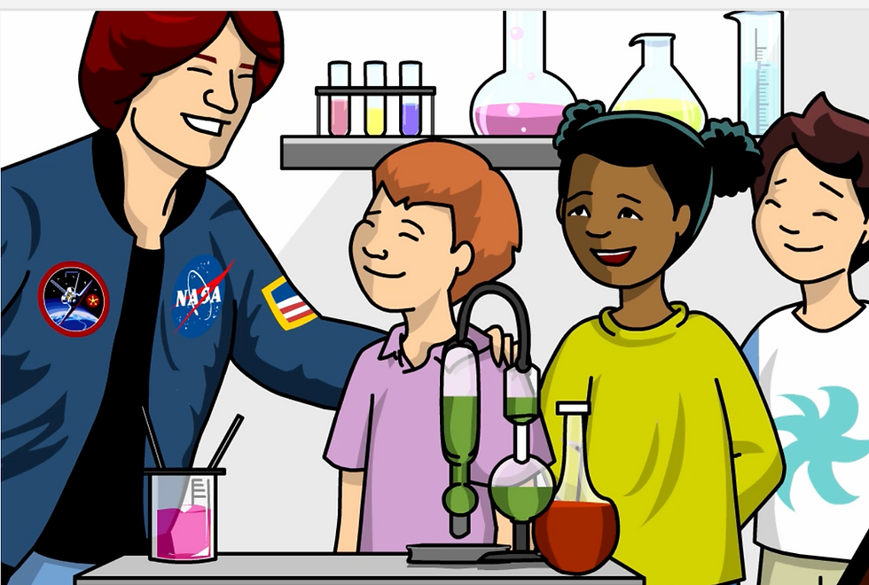 Sally Ride with children in a science lab. From the Sally Ride BrainPOP movie.