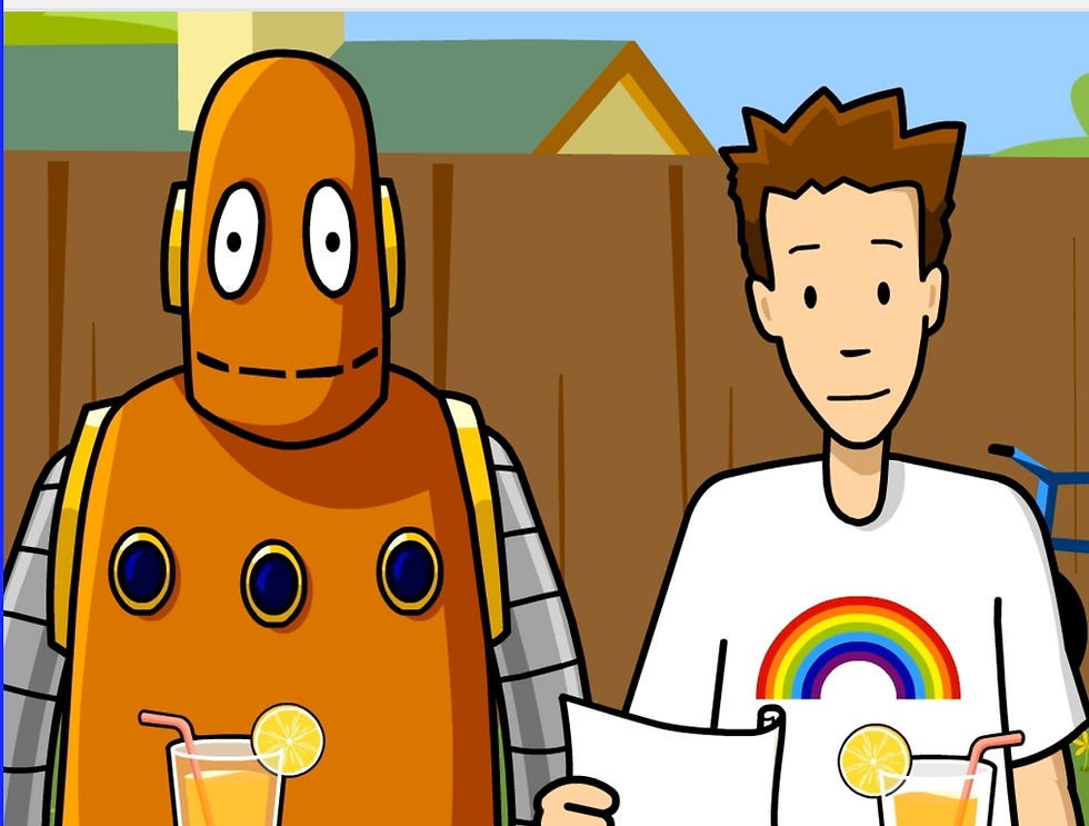 Tim and Moby drink orange juice outside. Tim's shirt has a rainbow on it. 