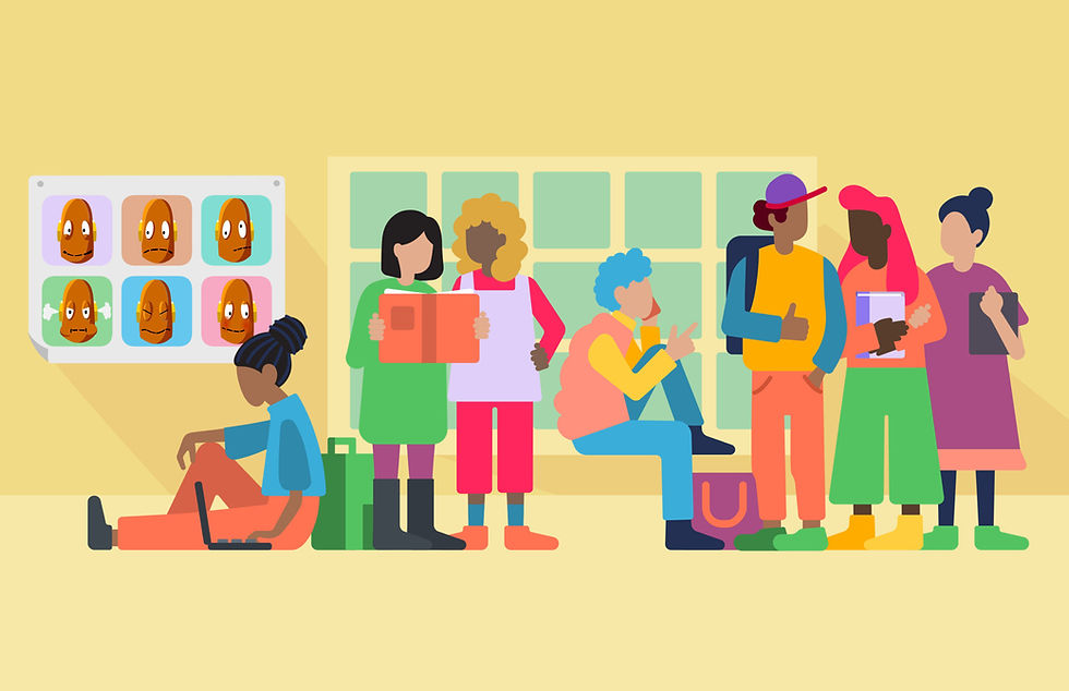 Students in colorful outfits interact in a classroom. One sits with a laptop, others read and chat. Emotions chart on the wall.