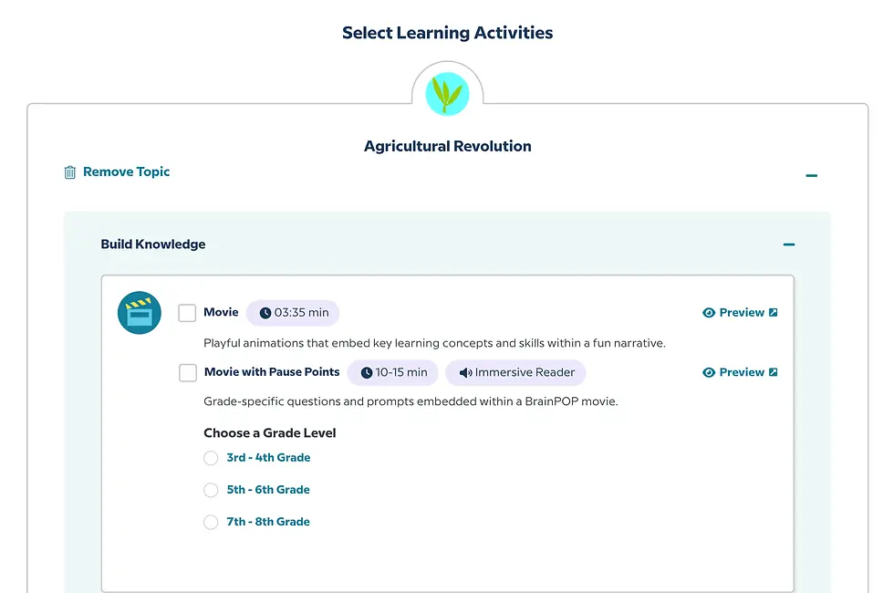 Learning activities selection page titled Agricultural Revolution. Options for movies with timings, preview links, and grade levels.