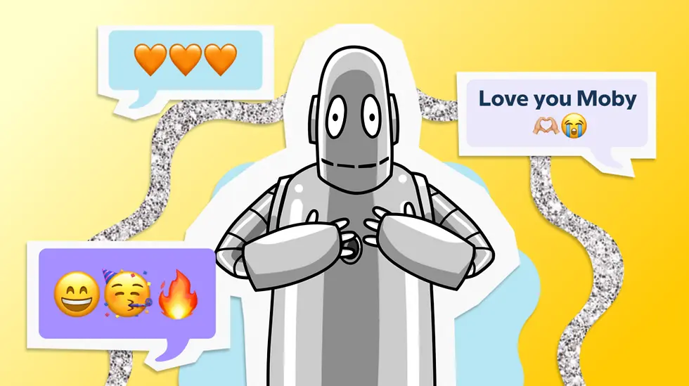 Silver Moby surrounded by text bubbles with party faces, orange hearts, and expressions of love