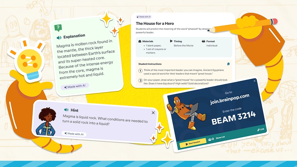 Collage of BrainPOP's new features for Back to School 2026: Unplugged Activities, Hints and Rationales, and Live Mode. 