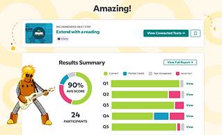 Live Mode results summary screen shows graph breakdown of quiz performance by question, an option to assign additional Connected Texts reading, and a visual of Moby with a guitar.