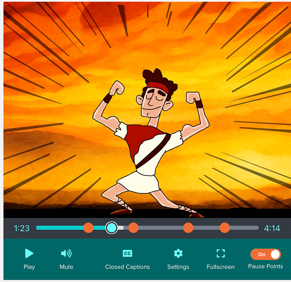 Animated character in a toga and gladiator sandals flexes muscles confidently against an orange burst background. Video controls show 1:23 of 4:14 with options below.
