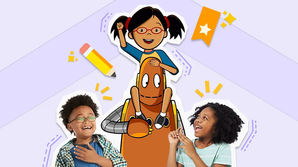 Annie from BrainPOP Jr. sits on Moby the robot's shoulders, surrounded by two laughing children. A pencil and star banner float on a purple background.