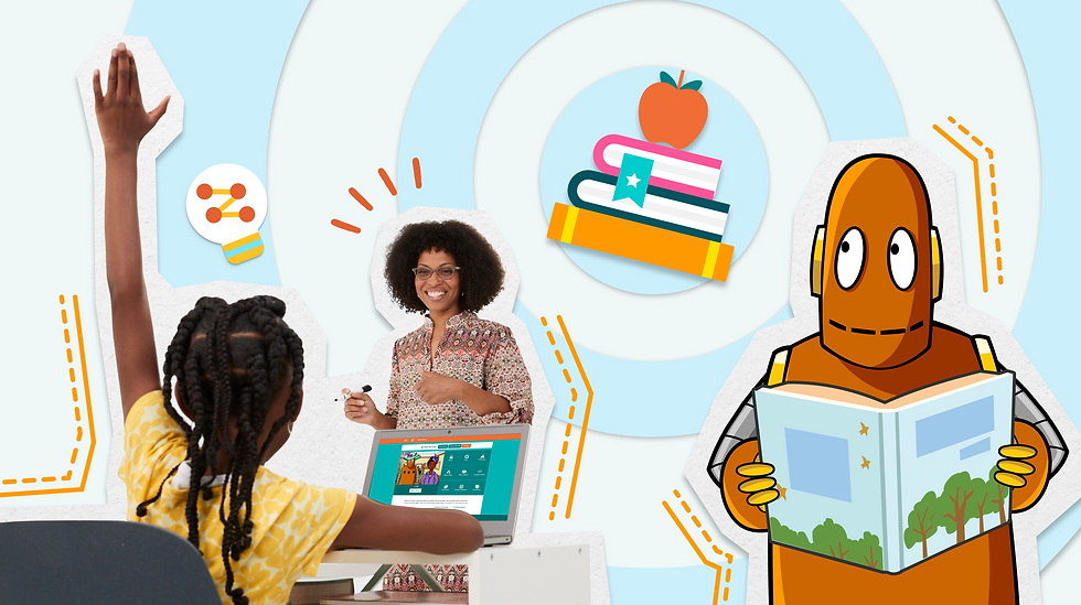 Child raises hand in class, teacher smiles in front. Moby the orange robot reads book. Background includes floating books and apple icons.