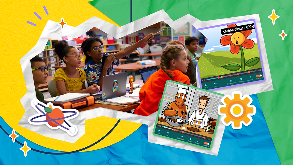 Students in a colorful classroom watch educational BrainPOP videos on laptops. Video stills featuring a flower with "carbon dioxide" from the Photosynthesis topic and cartoon chefs Tim and Moby baking from the Long Division topic.