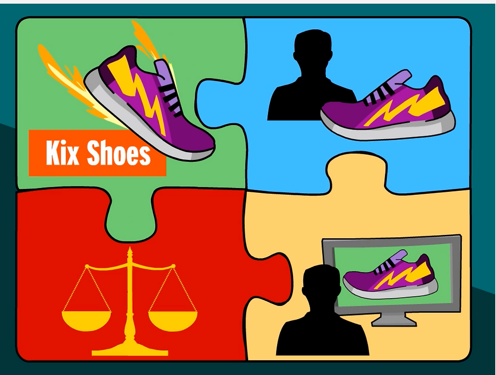 Colorful puzzle graphic illustrating about "Kix Shoes" with purple sneakers, two silhouettes, a scale icon, and a monitor showing a shoe ad. From BrainPOP's Media Literacy movie.