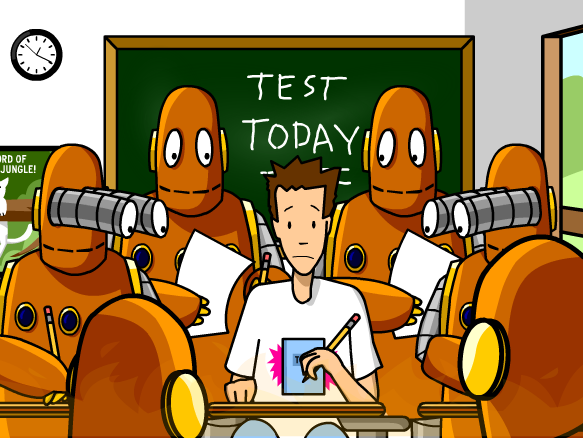 Still from BrainPOP's "Test-Taking Skills" movie, showing a stressed out Tim surrounded by orange Moby robots in a classroom. The chalkboard reads "Test Today"