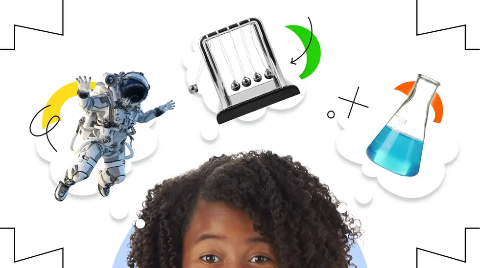 Student with real-world imagery including a chemistry vial and astronaut