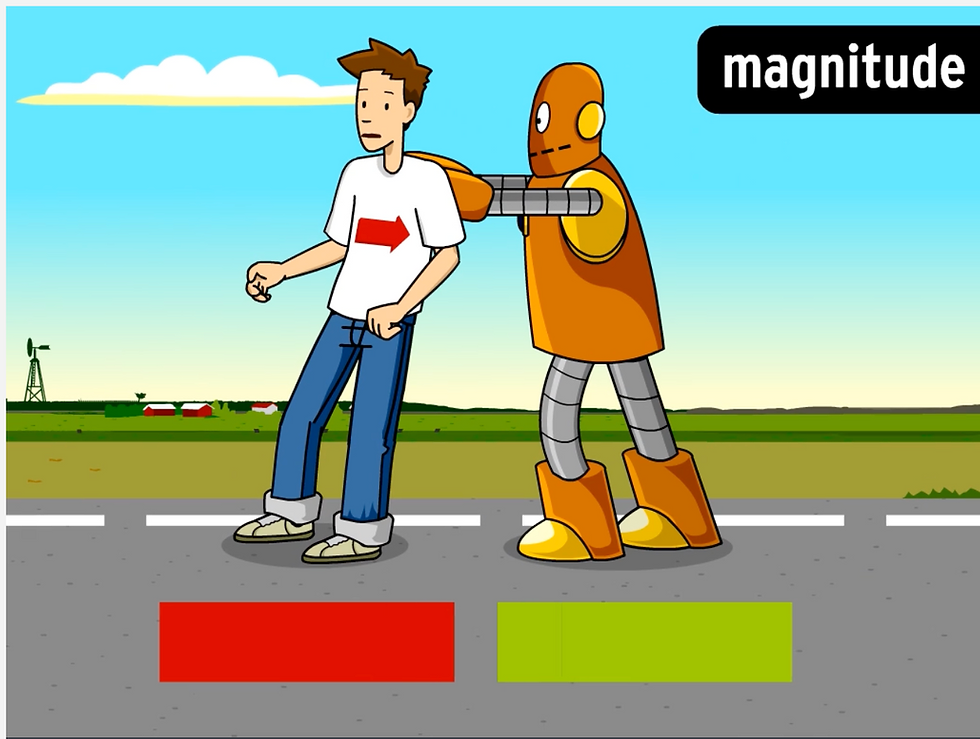 Moby, an orange cartoon robot, pushing Tim, a person in a white shirt with red arrow. Road and fields in background. "Magnitude" text and color bars visible. Source: BrainPOP movie on Forces.