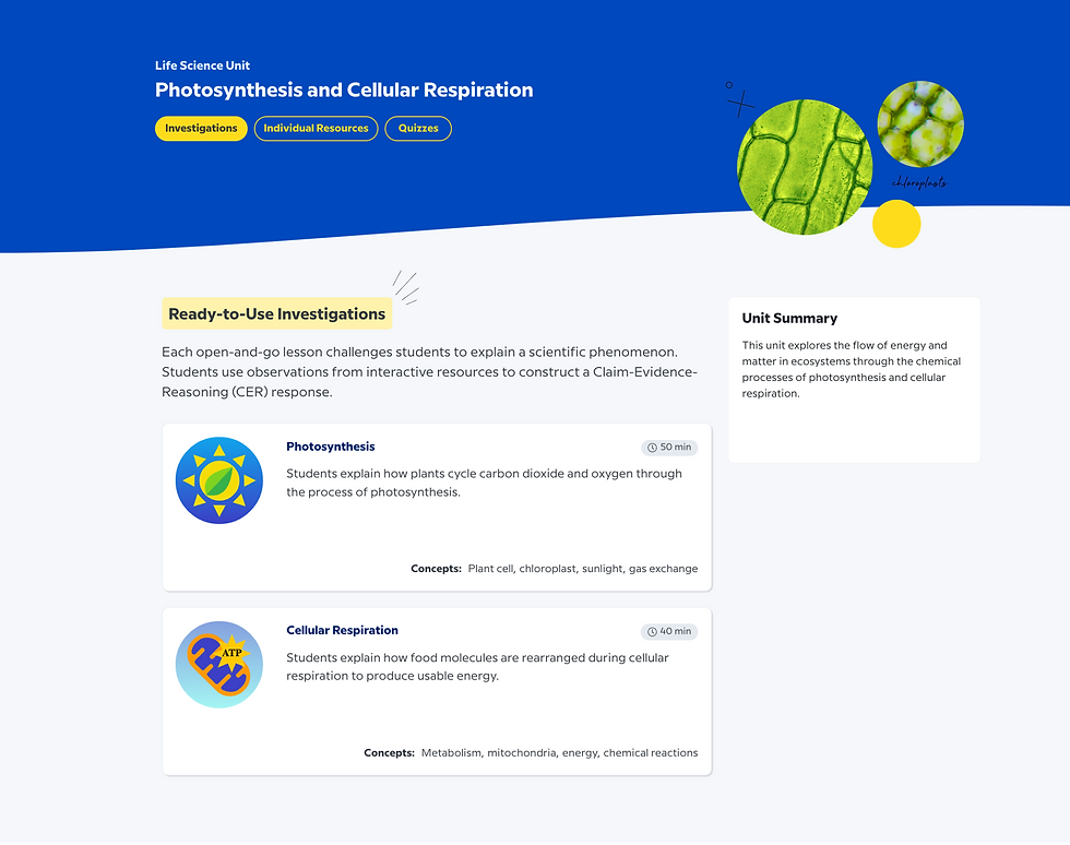 Blue and white educational webpage on photosynthesis and cellular respiration. Includes lesson info, concepts, and text sections detailing processes.