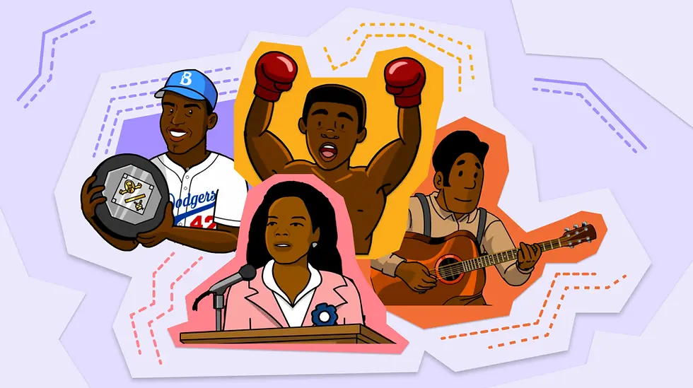 Illustration of a baseball player holding a trophy, a boxer celebrating, a woman at a podium, and a guitarist. Colorful abstract background.