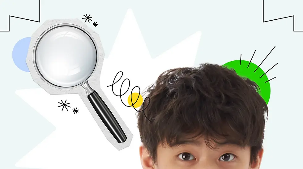 Young person's forehead with curly hair visible. Large magnifying glass on a playful abstract background with green and blue shapes.