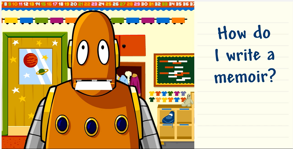 From the BrainPOP Jr. "Writing About Yourself" topic. Moby, the orange robot, holds a pencil and paper in his mouth while in a classroom. On-screen text: "How do I write a memoir?"