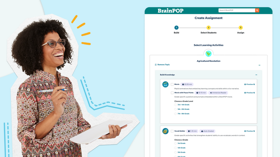 BrainPOP's Assignment Builder example. It displays 3 steps to create an assignment: "Build," "Select Students," and "Assign."