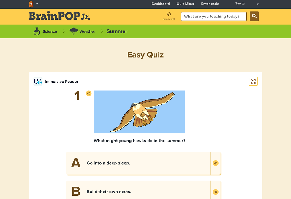 BrainPOP Jr. quiz on summer. Illustration of a hawk flying. Question: "What might young hawks do in the summer?" Options: A. Sleep, B. Nest.