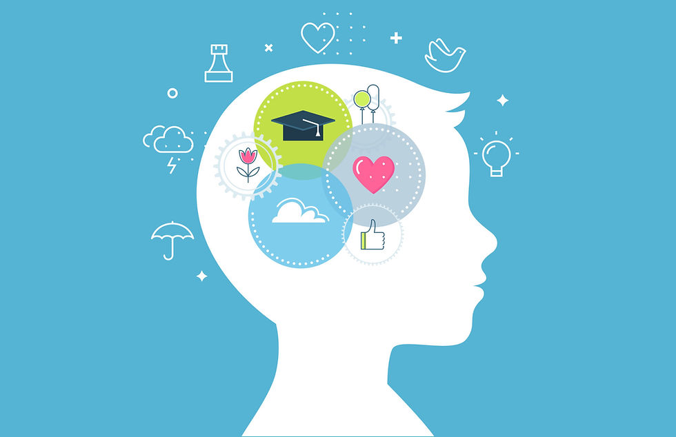Silhouette of a head on blue background with icons: cap, heart, flower, cloud, thumbs up, symbolizing thoughts and emotions.