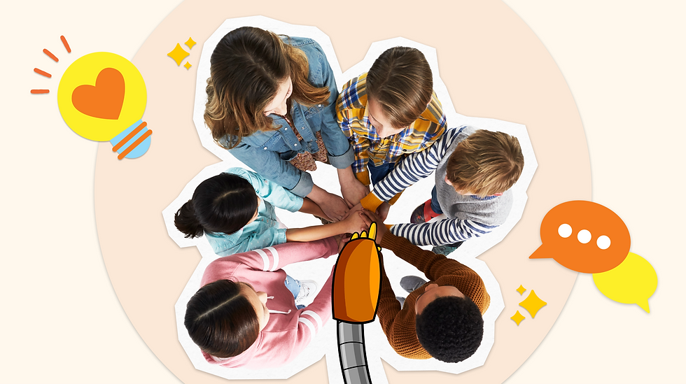 A group of children stand in a circle, stacking hands with a robot arm. Background features a heart bulb, speech bubbles, and stars.